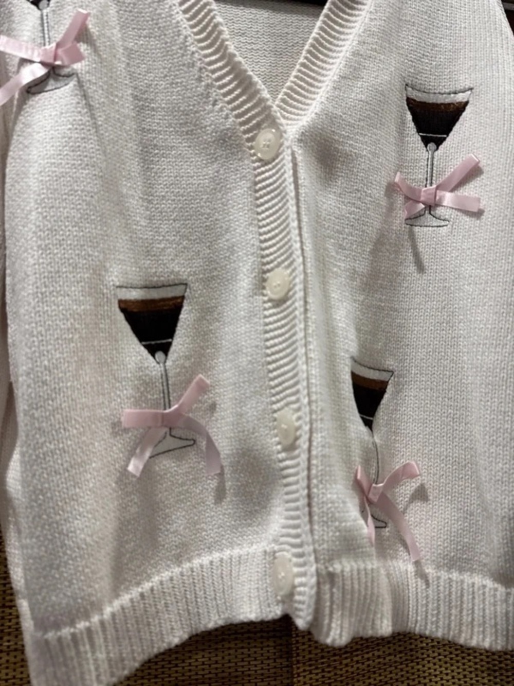 Francesca's Collections Cream Knit Cardigan with Pink Bow & Cocktail Motifs - Picture 2 of 4
